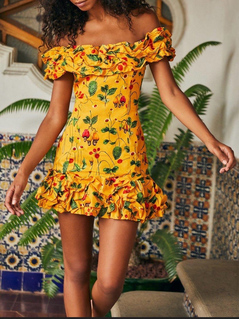 Agua by Agua Bendita Yellow Floral Off-Shoulder Ruffle Mini Dress